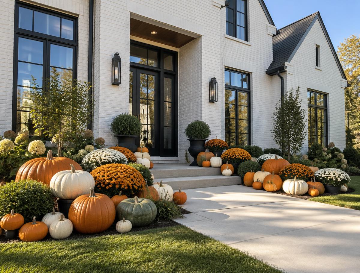 Modern white brick home with layered pumpkin displays along the walkway